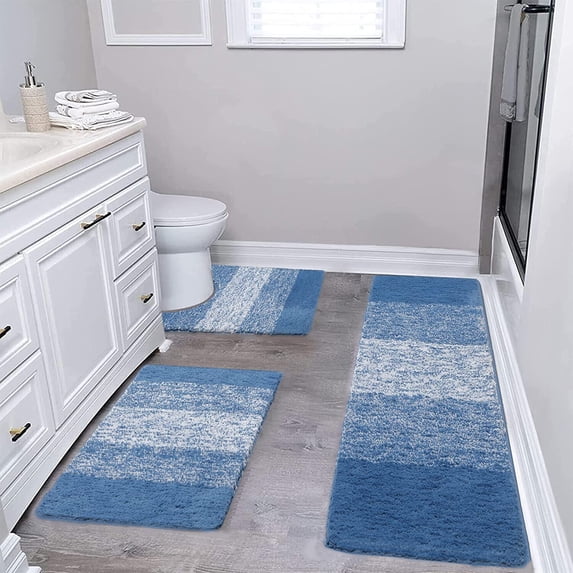 Tuvgenk Non Slip Bathroom Rugs Set Absorbent 3 Piece Toilet Rug Blue Bathroom U Shaped Large Floor Mat for Shower