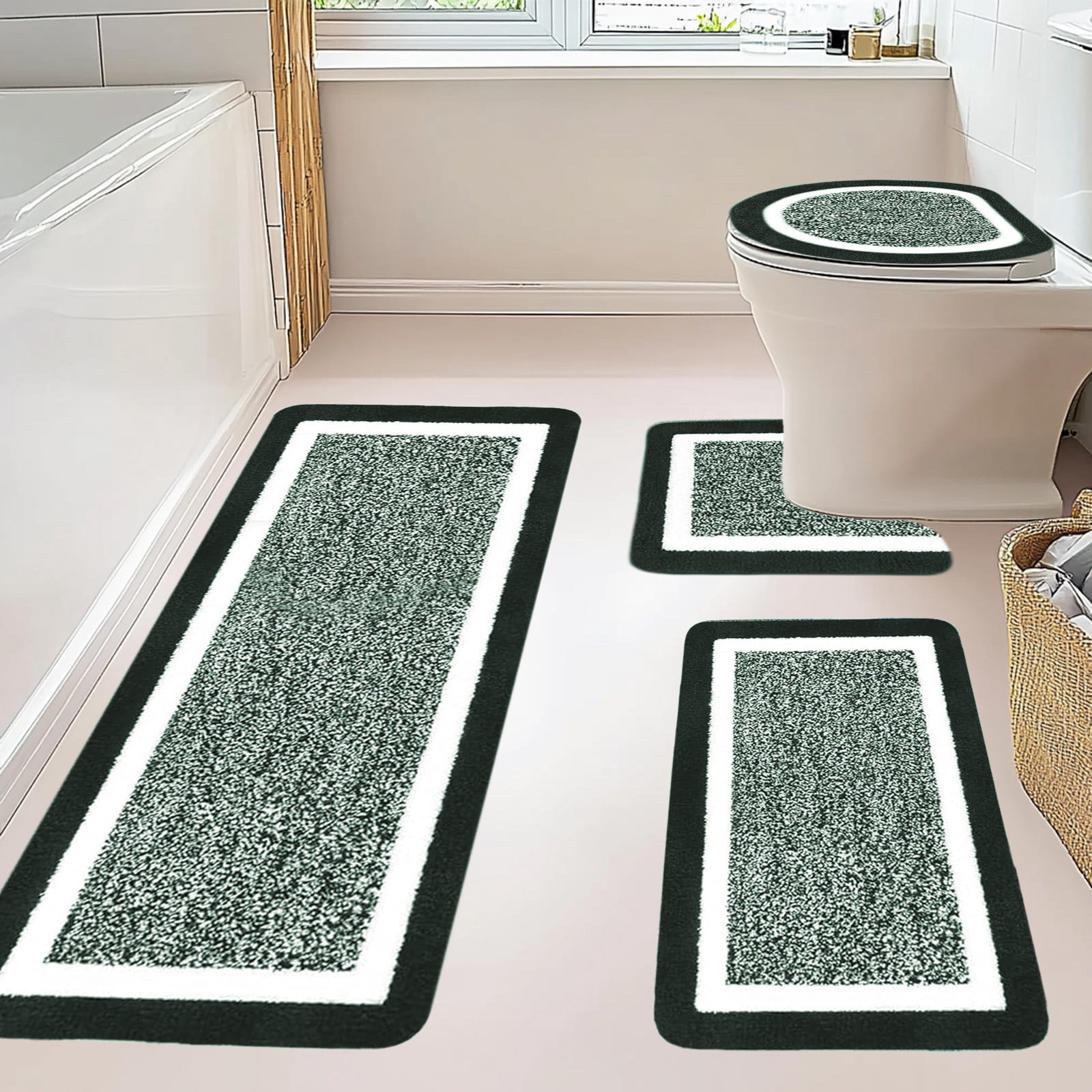 Tuvgenk Non Slip Bathroom Rugs Set Absorbent 4 Piece Toilet Rugs Large Sage Green Bathroom U Shaped Floor Mats for Shower