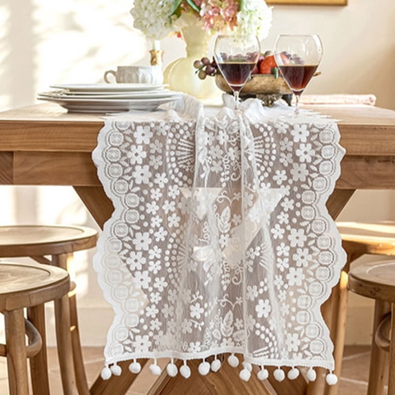 Tuvgenk Nylon Lace Table Runner White Boho Table Runner 47.2 x 17.7 inch Elegant Rustic for Dining Party Decoration