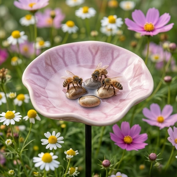 Tuvgenk Outdoor Ceramic Flower-Shaped Bee Waterer, Ground-Insert Butterfly Water Feeder, Garden Courtyard Decorative Ornament (Pink Lotus Style)