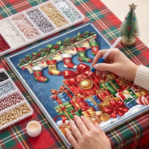 Tuvgenk Pearl Christmas Diamond Art Kit 16x12 inch Full Round Drill Rhinestone Art with Frame Tools for Xmas Wall Home Decoration