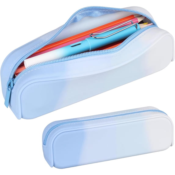 Tuvgenk Pencil Cases Large Capacity Blue Pencil Pouch Zipper Washable Silica Gel Solid Color Cosmetic Bag for Office