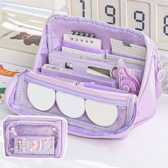 Tuvgenk Pencil Cases Large Capacity Multiple Compartments Purple Pencil Pouch Solid Color Zipper Cloth Portable Cosmetic Bag for College