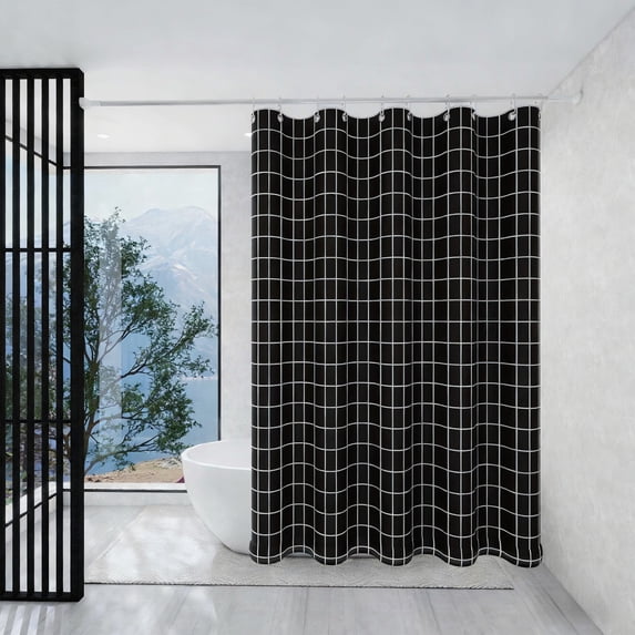Tuvgenk Plastic Shower Curtain 70.9x47.2in Black Grid Bathroom Curtain Decor Soft Washable Rings Waterproof