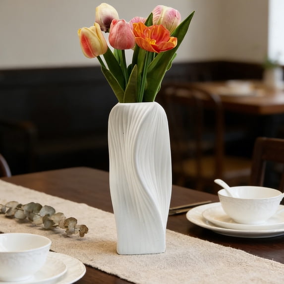 Tuvgenk Plastic Vase With Ceramic Appearance Non‑Fragile Tabletop Decor for Home Wedding Office Living Room 8 inch