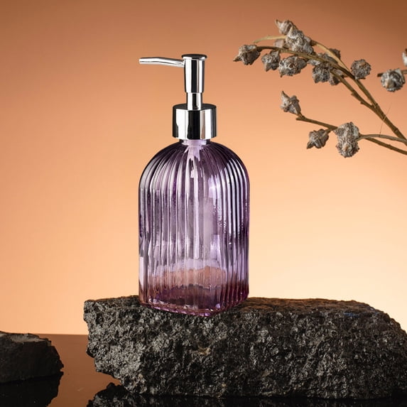Tuvgenk Purple Glass Lotion Pump Dispenser, Refillable Ribbed Hand Soap for Bathroom Sink, 350ml Leak-Proof Empty Bottle