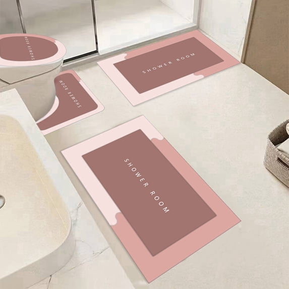 Tuvgenk Quick Dry Bath Mat Set Non Slip Water Absorbing 4 Piece Toilet Rug Rubber Pink Bathroom U Shaped Large Floor Rug for Shower