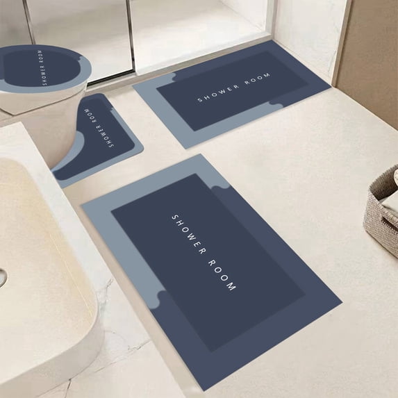 Tuvgenk Quick Dry Bath Mat Set Water Absorbing 4 Piece Non Slip Toilet Rug U Shaped Rubber Bathroom Navy Blue Large Floor Rug for Shower