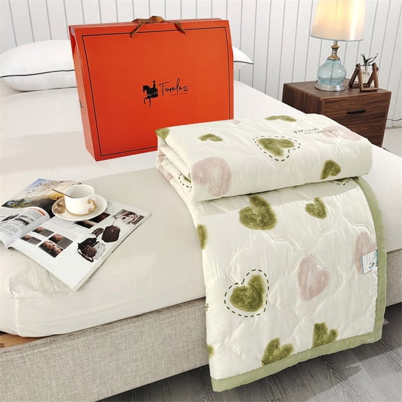 Tuvgenk Quilts Cotton Green Print Twin Blanket Travel Summer Thin Lightweight Cooling Cover Blanket for Beds