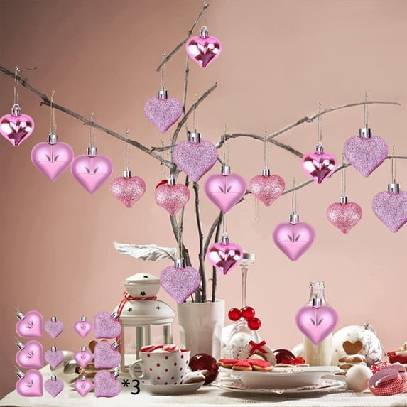 Tuvgenk Romantic Heart Ornaments for Valentines Day Decor Plastic 36pcs Heart Shaped Baubles Valentine'S Tree Hanging Decorations