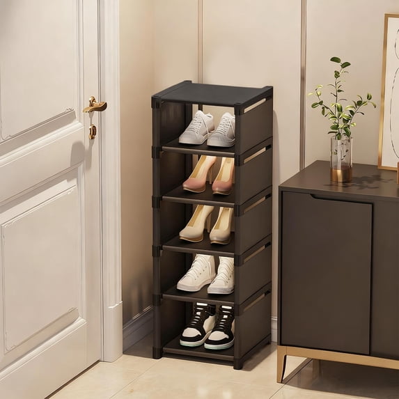 Tuvgenk Shoe Rack for Entryway Narrow Plastic Stand Shoe Holder Rack 6 Tier Small Compact Storage Shelves for Dorms and Bedrooms,Black