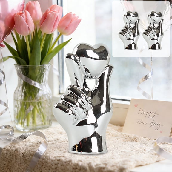 Tuvgenk Silver Ceramic Love Heart Gesture Figurine – Valentine’s Day Desktop Ornament for Living Room, TV Cabinet, Gift