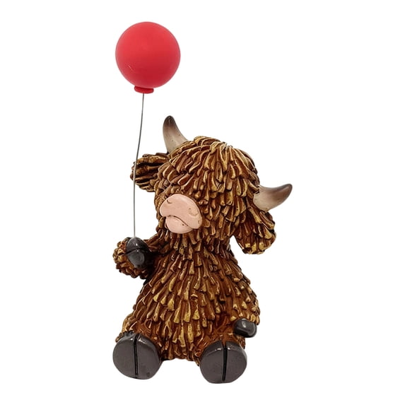 Tuvgenk Sitting & Standing Highlands Cows Figurine Set with Heart Balloons - Romantic Valentine‘s Day Shelf Decor, Cute Playful Gift Idea