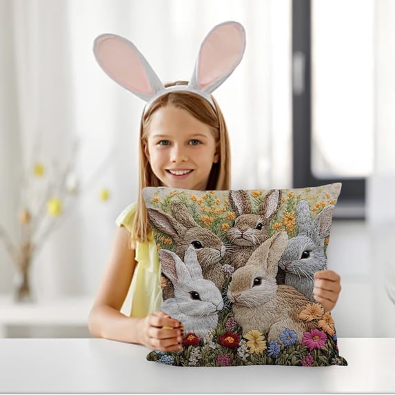 Tuvgenk Spring Easter Decor Pillow Cover 18x18 Inch Floral Bunny Print Soft Polyester Throw Pillow Case with Zipper for Living Room