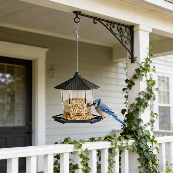 Tuvgenk Squirrel Proof Wild Bird Feeders Outdoor Hanging Platform Bird Feeder Black Hopper Decorative Plastic Garden 9x9x8 inch