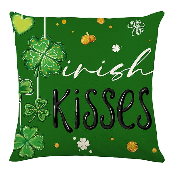 Tuvgenk St. Patrick's Day Throw Pillow Covers 18x18 Inch, Shamrock & Kiss Print, Irish Spring Decor with Top Hat, Ladybug & Gold Accents for Couch, Porch, Outdoor Home
