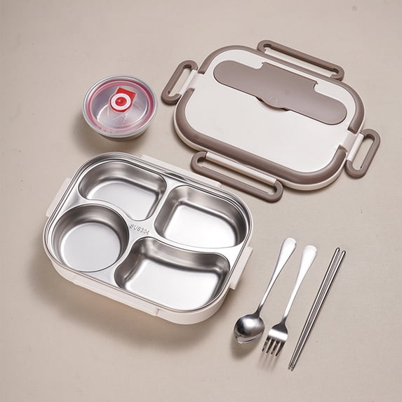 Tuvgenk Stainless Steel 4-Compartment Lunch Box with Soup Bowl,Meal Prep Containers with Cutlery,Leakproof Bento Box for Work,Beige