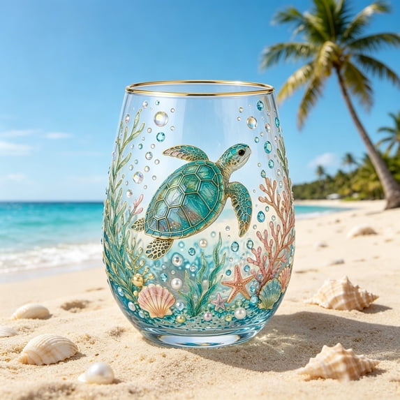Tuvgenk Stemless Wine Glass with Gold Rim Sea Turtle Floral Art for Red Wine Cocktails and Home Decor
