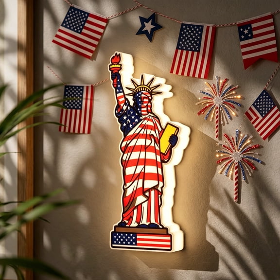 Tuvgenk Summer Celebration Wall Lamp Statue of Liberty Shape, Rechargeable Motion Sensor Night Light, Wall Mounted Indoor Decorative Lighting for Home