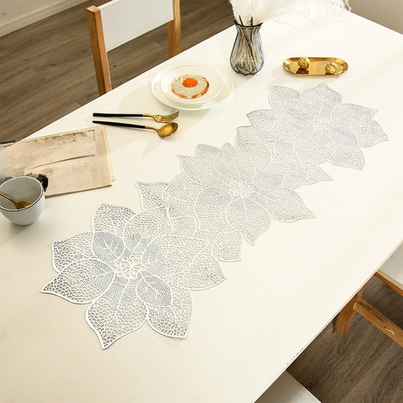 Tuvgenk Table Runner Linen Farmhouse 35x12 Inches Rustic Dining Table Runners Silver Non-Slip Heat Resistant Hollow Floral Table Covers Home Party Dining Decoration