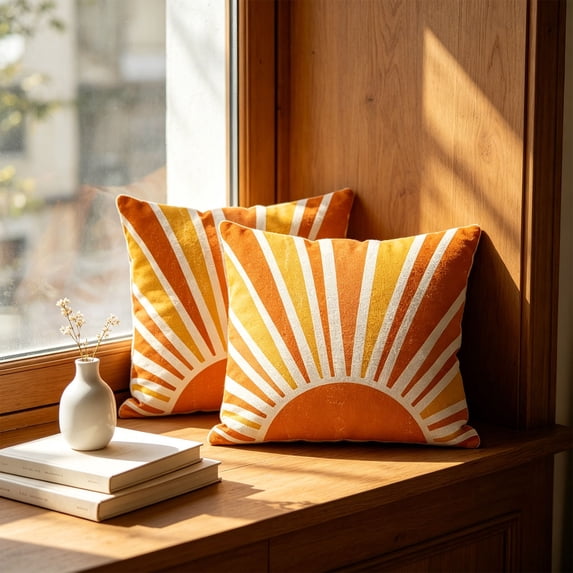 Tuvgenk Throw Pillow Covers 16x16 Boho Decorative Pillow Covers for Couch Sofa, Geometric Sun Print Polyester Cushion Case Set of 2