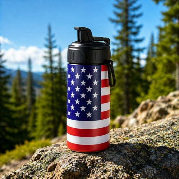 Tuvgenk USA Flag Insulated Water Bottle Stainless Steel Vacuum Tumbler with Spout Lid and Carabiner for Patriotic Gifts