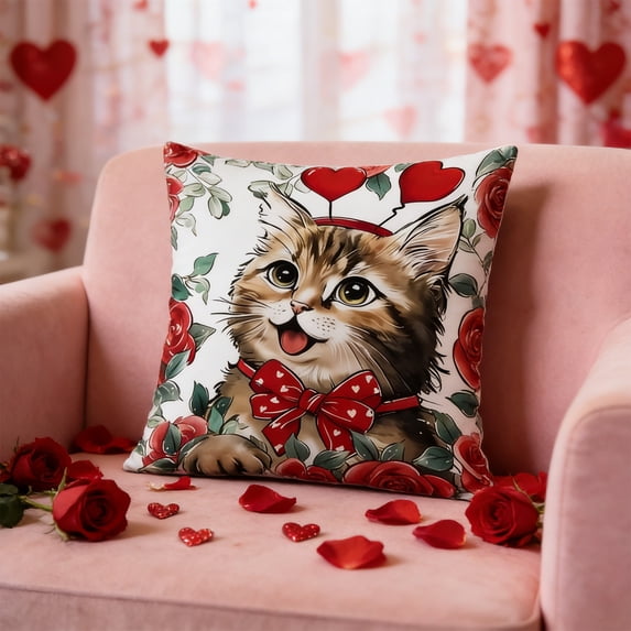 Tuvgenk Valentines Day Pillow Cover 18x18 Inch Heart & Cat Pattern Linen Decorative Throw Pillow Case for Couch Sofa Bedroom Decor