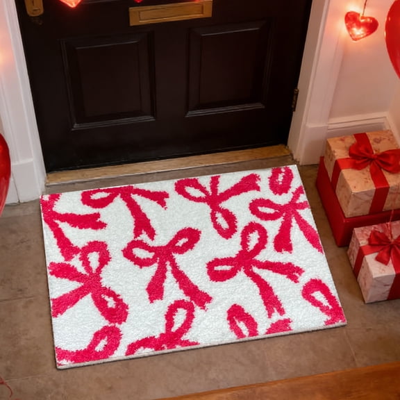 Tuvgenk Washable Floor Mats & Doormats 15.7x23.6in Indoor Outdoor Rugs Rectangle Nylon, Spandex Bowknot Durable Red Non Slip