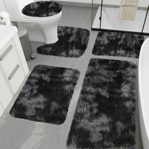 Tuvgenk Water Absorbing Bath Mat Set 5 Piece Non Slip Toilet Rug Bathroom Black Large U Shaped Area Rugs for Tub