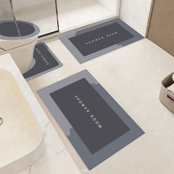 Tuvgenk Water Absorbing Bath Mat Set Non Slip Quick Dry 4 Piece Toilet Rug Large U Shaped Gray Rubber Bathroom Floor Rug for Shower