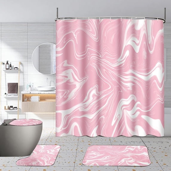 Tuvgenk Waterproof Shower Curtains And Bath Rug Set Bathroom Decor Modern Bath Curtain Washable Pink Shower Drape (4 Piece,Curtain + Mats)
