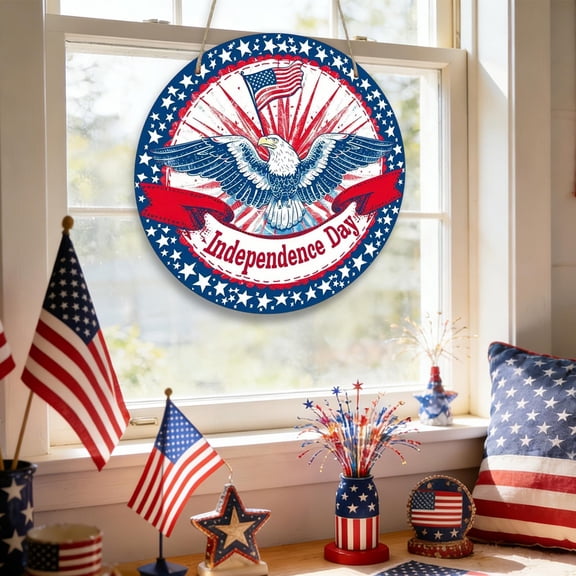 Tuvgenk Wooden Patriotic Round Sign with Durable Hanging Rope 8 Inch, Easy Hang Decor for 4th of July Front Door