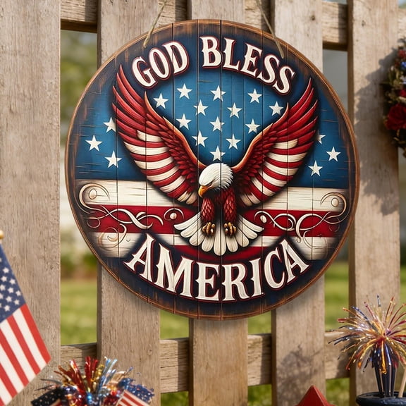 Tuvgenk Wooden Patriotic Round Sign with Sturdy Hanging Rope 8 Inch, Easy Hang Plaque for 4th of July Front Door Decor