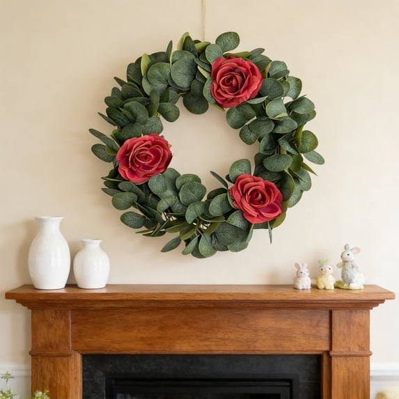 Tuvgenk Wreath Front Door Spring Wreath Red Plastic Artificial Flower 17x17 inch Hanging Door Sign Home Decor