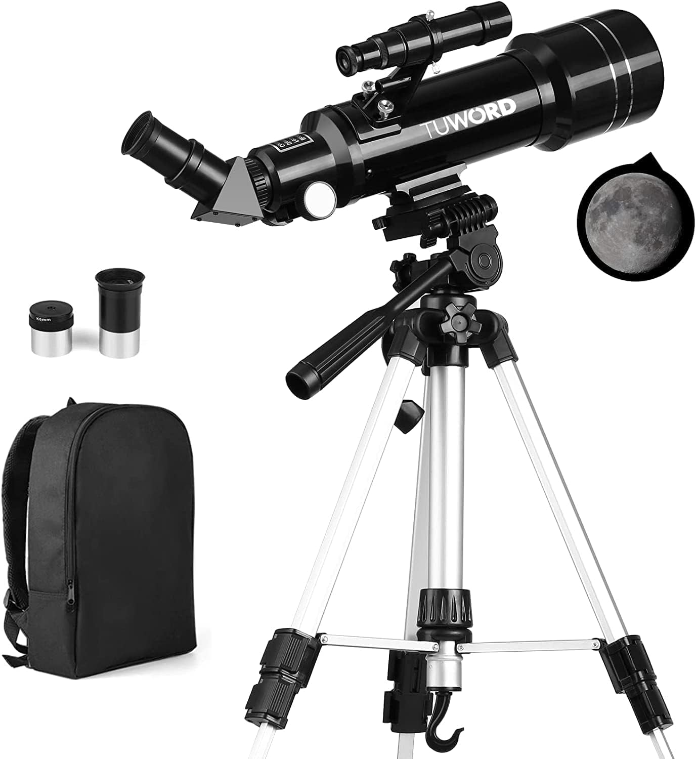 Tuword Astronomical Telescope, 400/70 Refractor with Adjustable Tripod Finder Compass Portable for Travel
