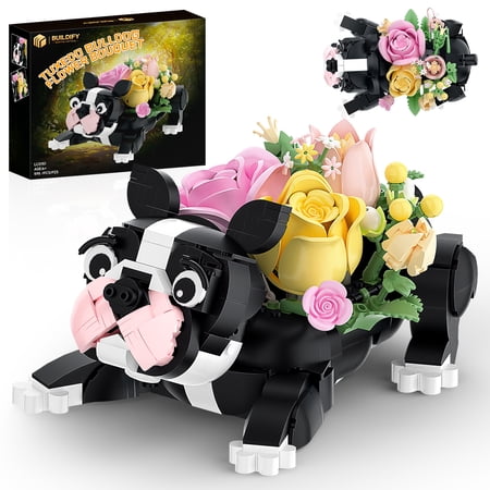 595Pcs Tuxedo Bulldog Flower Bouquet Building Set DIY Rose Animal Lego-compatible Home Desktop Decor Gift for Women Girls Adults