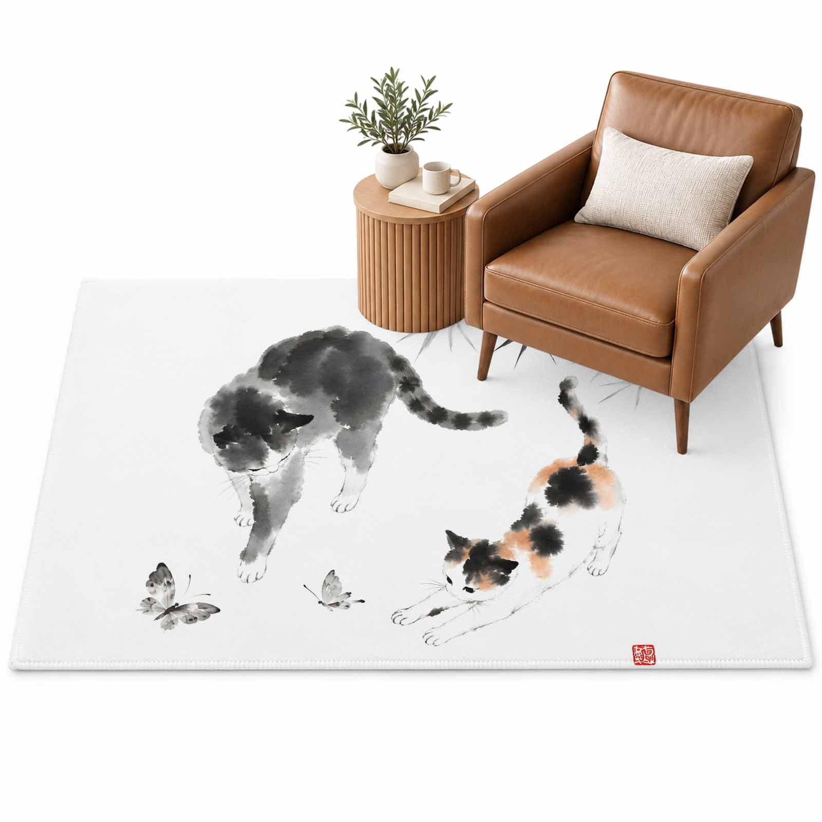 Tuxedo Calico Cat Area Rug 4'x6', Oriental Minimalist Leaf Black Orange ...
