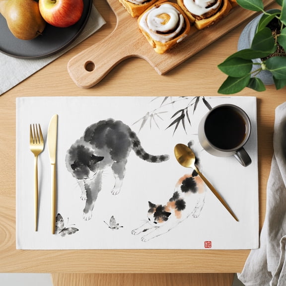 Tuxedo Calico Cat Placemats Set of 1, Oriental Minimalist Leaf Black Orange Ink Wash Non-Slip Place Mats Washable Table Mats for Kitchen Dining Table Decorations Indoor/Outdoor