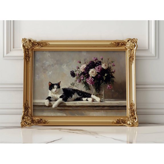 Tuxedo Cat And Roses Wall Art Print, Romantic Cottagecore Floral Home Decor