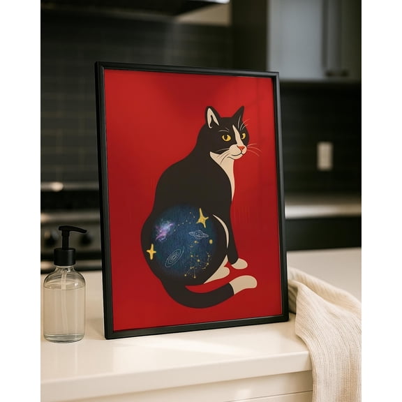 Tuxedo Cat And Stars Print Celestial Wall Art Constellation Art Pet Memorial Gift Moon And Stars Animal Astrology, Unframed Paper Print