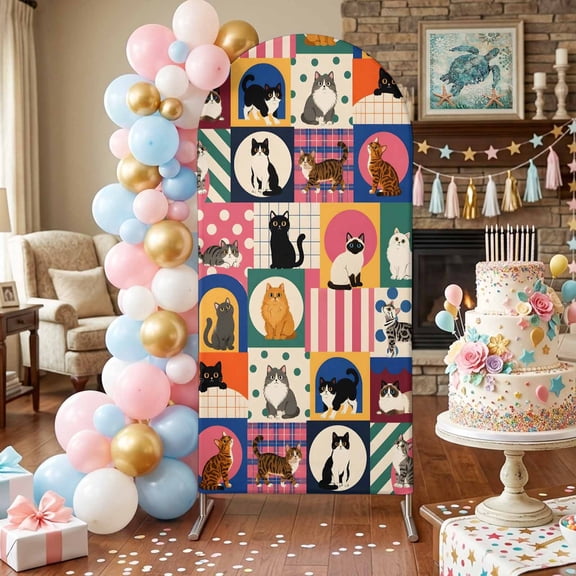 Tuxedo Cat Arch Backdrop Covers 4 FT, Playful Kitten Block Modern Cottagecore Eclectic Stretchy Fitted Arched Stand Covers Party Arch Stand Cover Photo Booth for Wedding Birthday Decor