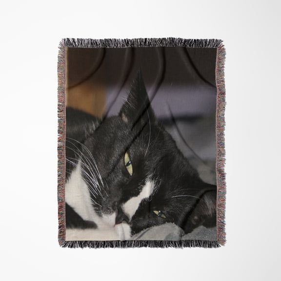 Tuxedo Cat Black And White Lying Down One Eye Open, Woven Blanket