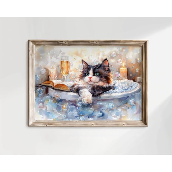 Tuxedo Cat Bubble Bath Poster, Cat Bathroom Decor, Bath Print, Book Lover Bath Art, Cat Lover ,, Unframed Poster Size 8x12