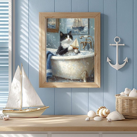 Tuxedo Cat In Bubble Bath With Sailboat Poster, Cute Bathroom Art, Maritime Wall Art, Coastal Bath Print, Vacation Home Decor,, Stretched Canvas Size 8x12