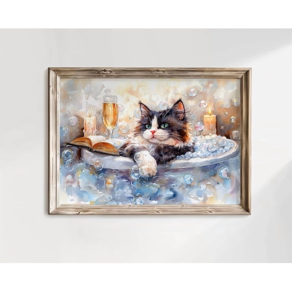 Tuxedo Cat Bubble Bath Wall Art Print, Bookish Bathroom Home Decor