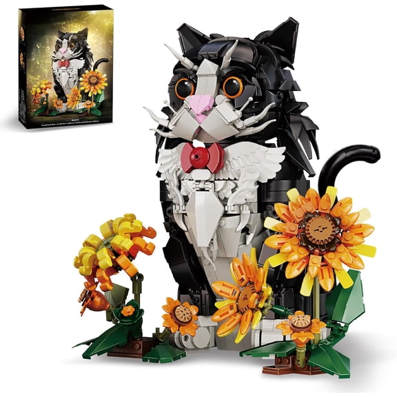 Tuxedo Cat Building Set with Sunflowers, Compatible with Lego Animal Kit for Home, Living Room or Bedroom Decor Black 1434PCS