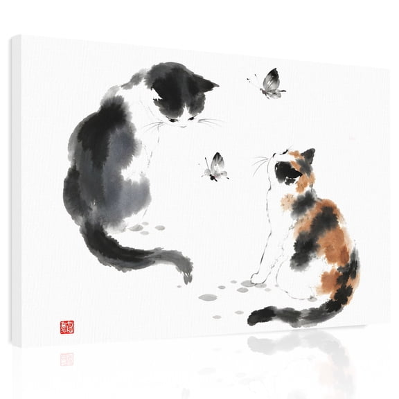 Tuxedo Cat Calico Cat Canvas Print Wall Art, Minimalist Oriental Black Orange Ink Wash Wall Decor Framed Artwork Paintings Pictures for Living Room Bedroom Stretched Ready to Hang, 24" x 32"