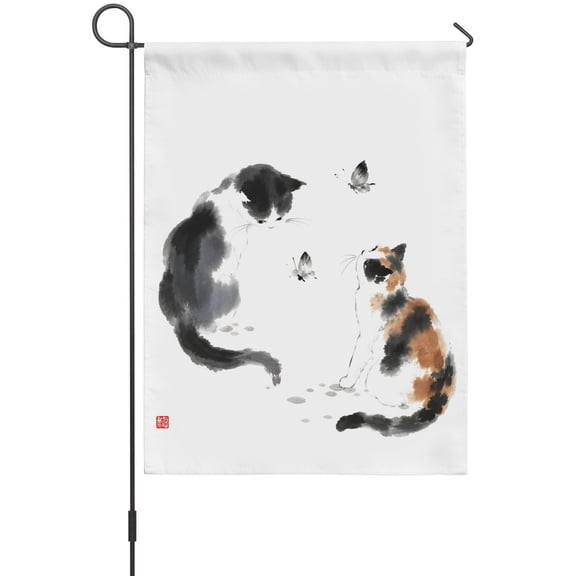 Tuxedo Cat Calico Cat Garden Flag 12 x 18 Inches, Minimalist Oriental Black Orange Ink Wash Weather Proof Outdoor Patio Flags Double Sided Small Garden Decoration for Yard Outside Home