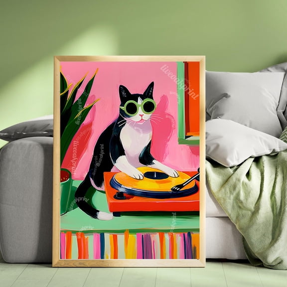 Tuxedo Cat Dj Print Retro Music Wall Art Vinyl Record Player Decor Black And White Cat Gift