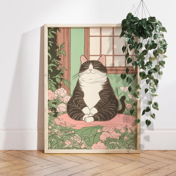 Tuxedo Cat Doing Yoga Japanese Garden Meditating Wall Picture, Stretched Canvas 8x10in